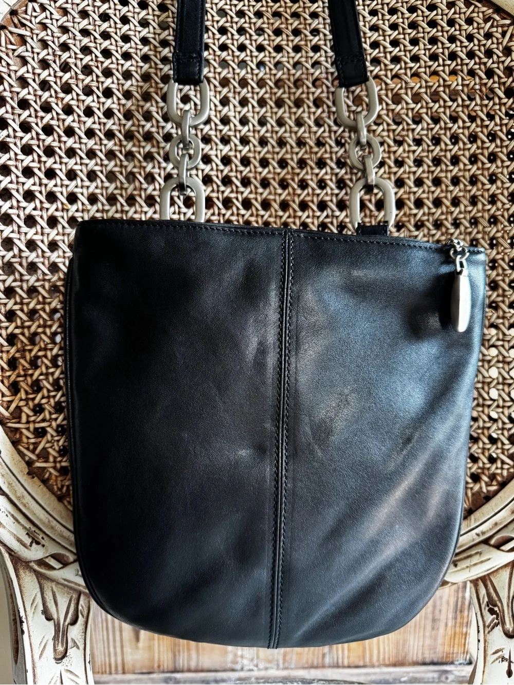Sabina New York Black Leather Shoulder Bag with Silver Hardware